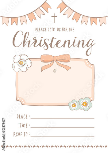 Christening, Baptism Invite - Invitation Template with Cross and Flowers, ribbon, decorative text box for name