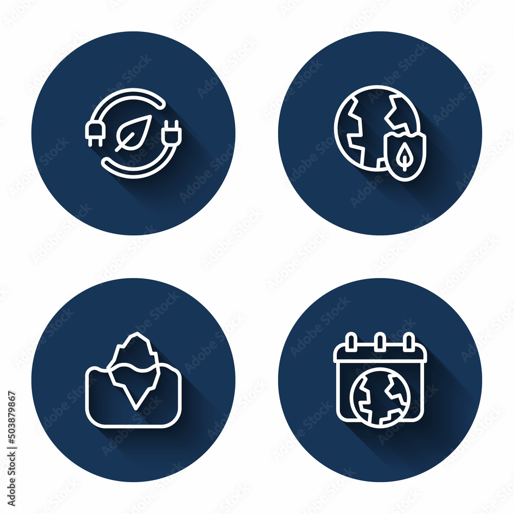 Set line Electric saving plug in leaf, Earth with shield, Iceberg and World day with long shadow. Blue circle button. Vector Set line Electric saving plug in leaf, Earth with shield, Iceberg and World day with long shadow. Blue circle button. Vector