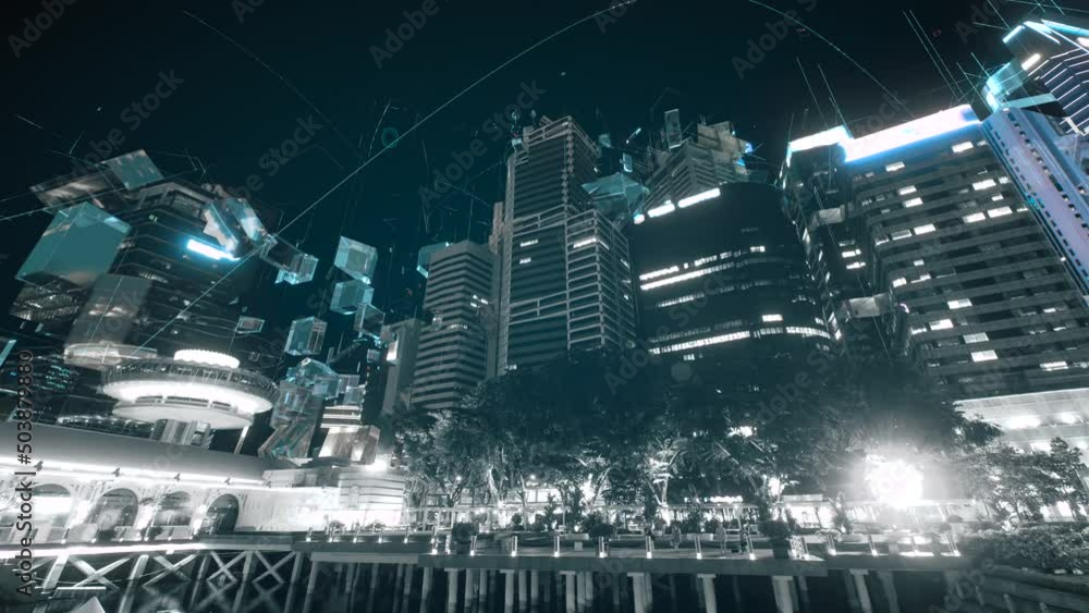 Glass cubes transformation into a city with skyscrapers. Artificial intelligence, cybercity