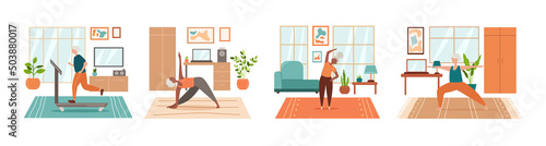 Elderly people do yoga at home. Sports at any age. A set of rooms and people in different poses. Banners