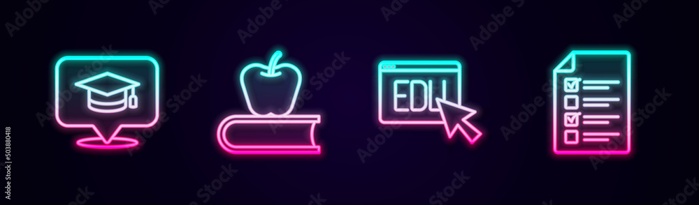 Set line Graduation cap in speech bubble, Book with apple, Online education and quiz, test, survey. Glowing neon icon. Vector Set line Graduation cap in speech bubble, Book with apple, Online education and quiz, test, survey. Glowing neon icon. Vector