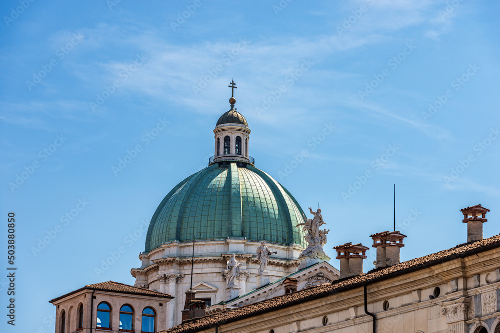 Close-up of the New Cathedral of Santa Maria Assunta, 1604-1825 in Brescia downtown, in late Baroque style, also called Duomo nuovo. Cathedral square or Paolo VI square. Lombardy, Italy, Europe.