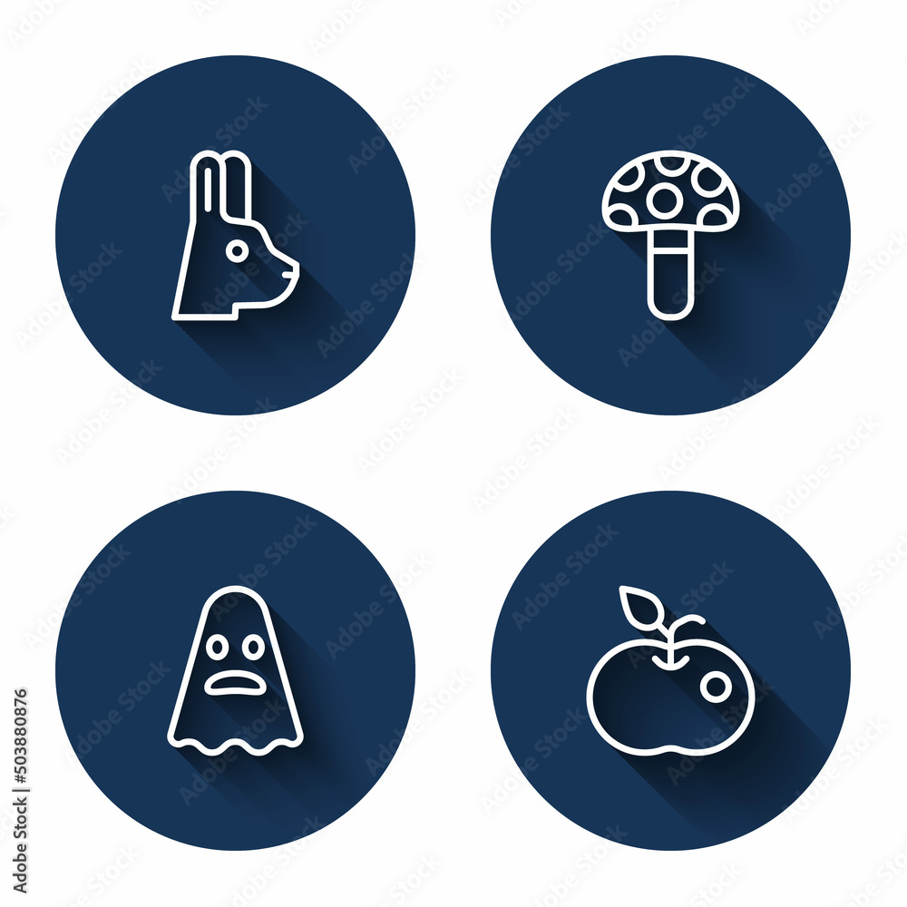 Set line Rabbit with ears, Psilocybin mushroom, Ghost and Poison apple with long shadow. Blue circle button. Vector Set line Rabbit with ears, Psilocybin mushroom, Ghost and Poison apple with long shadow. Blue circle button. Vector