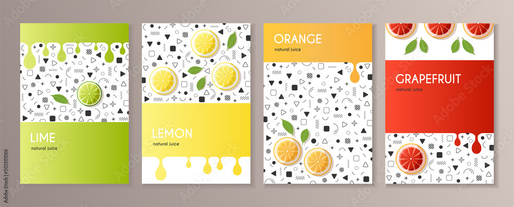 Set of citrus fruit design templates with geometric elements in Memphis style. Lime, lemon, orange, grapefruit. Trending packaging design, banner, flyer, cover, brochure. Stock vector illustration.