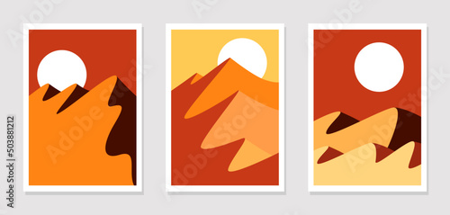 Wall art pattern vector set. White sun in a hot red desert. Abstract design for printing paintings, covers and backgrounds, wallpapers. Vector illustration