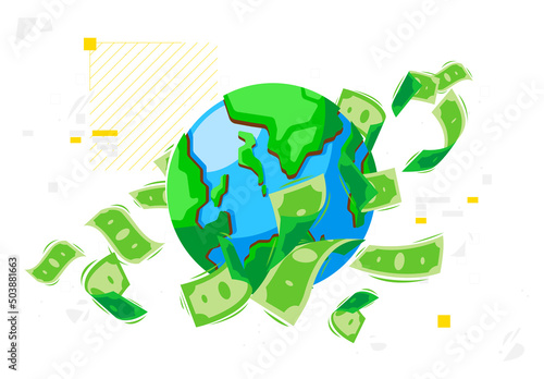 Vector illustration of paper money flying around the planet earth,and money circulation in the world