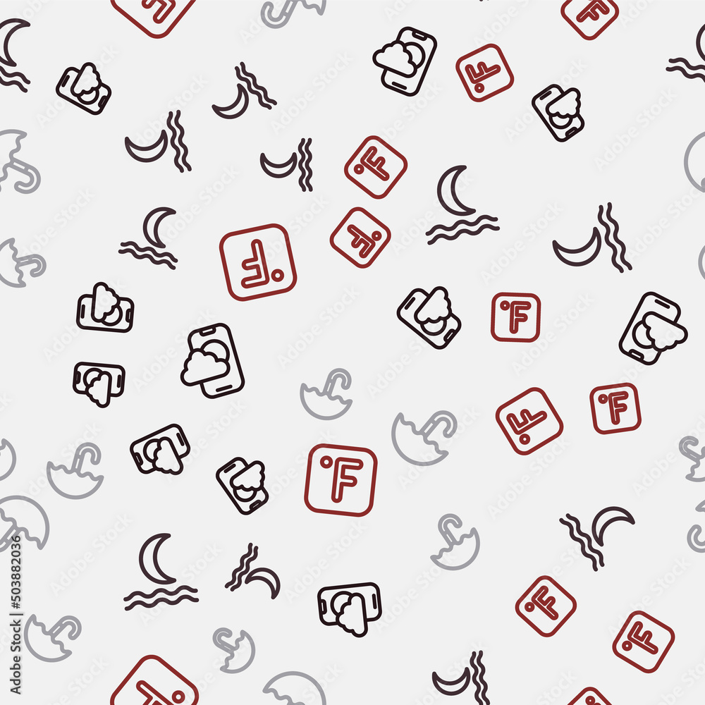 Set line Weather forecast app, Night fog smoke, Umbrella and Fahrenheit on seamless pattern. Vector Set line Weather forecast app, Night fog smoke, Umbrella and Fahrenheit on seamless pattern. Vector