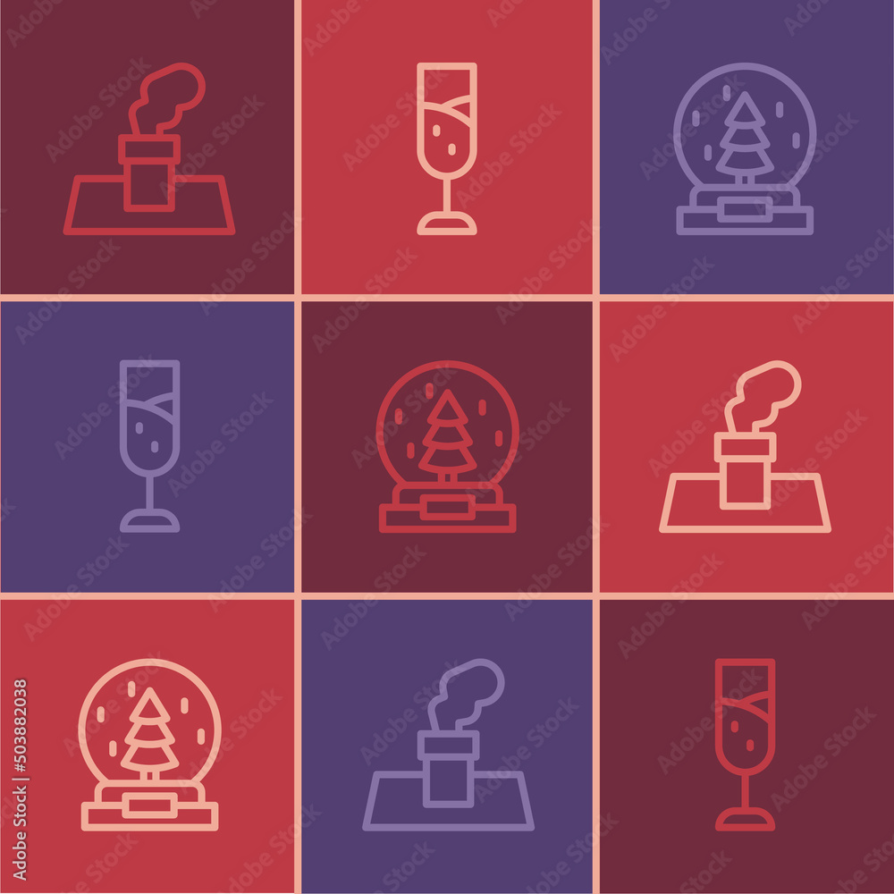 Set line Christmas chimney, snow globe and Glass of champagne icon. Vector Set line Christmas chimney, snow globe and Glass of champagne icon. Vector
