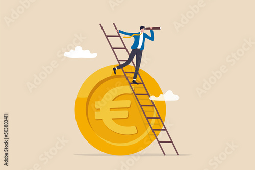 Europe economy forecast or vision, EU financial or economics recession ahead, look to see future concept, businessman investor climb up ladder on Euro money coin look on telescope for clear vision.