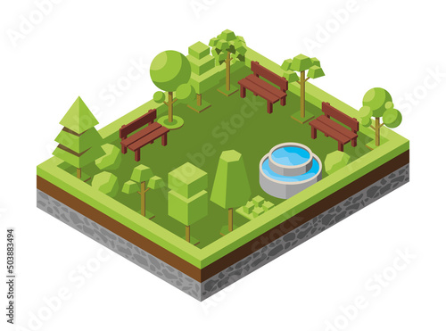 Vector isometric illustration. Concept of an ecological park, recreation areas with a fountain and benches. Natural landscape, forest, grove, environment. Botanical objects, trees, plants