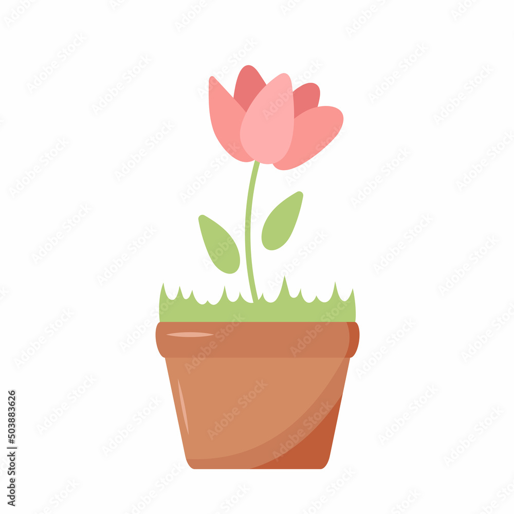 Rose in flowers pot. Decorative flower grow at home in funny pot. Flowerpot and houseplant, rose flower. Design elements for gardening, flower shop, banner, mobile apps