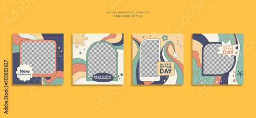Set of groovy fashion style social media post template