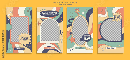 Set of groovy fashion style social media stories template