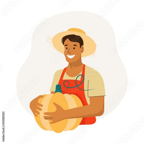 Farmer with Pumpkin. Man is a Gardener. Harvesting Pumpkins. Cute autumn harvest and garden concept illustration. Farmer isolated character on white background. Vector illustration.