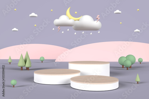 A set of minimal wooden product display podiums with raining at night on the miniature forest background in pastel tone color. 3D rendering.
