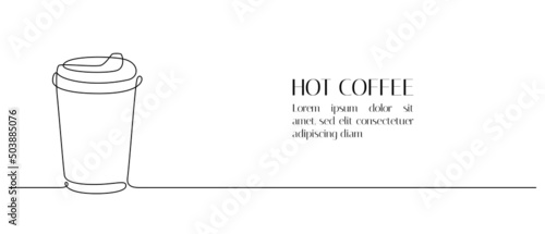 One continuous line drawing of paper cup of hot coffee. Minimalist icon concept of energy morning and drink to go in simple linear style. Editable stroke. Doodle Vector illustration
