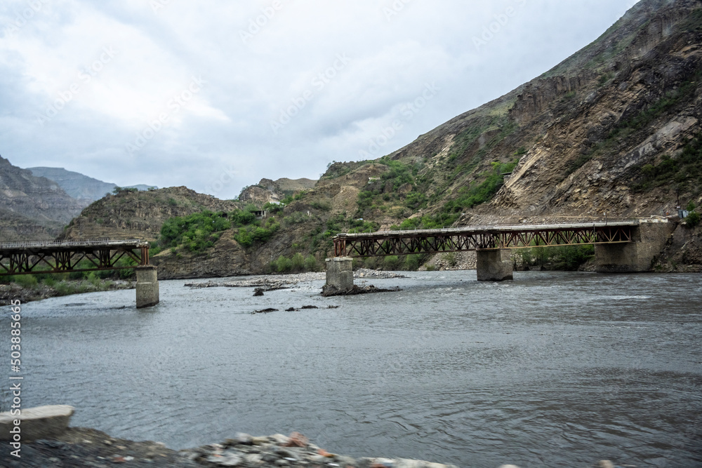 mountain river collapsed part of the road bridge in the mountains of Dagestan mountain river collapsed part of the road bridge in the mountains of Dagestan