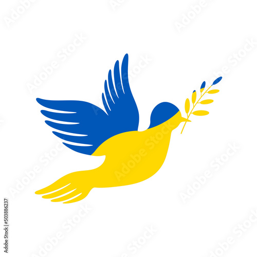 Flag of Ukraine with a dove of peace icon vector. Russian ukrainian conflict symbol. Peace dove with ukrainian flag icon isolated
