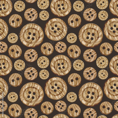 Watercolor seamless pattern with vintage wooden buttons isolated on dark background. Needlework collection.