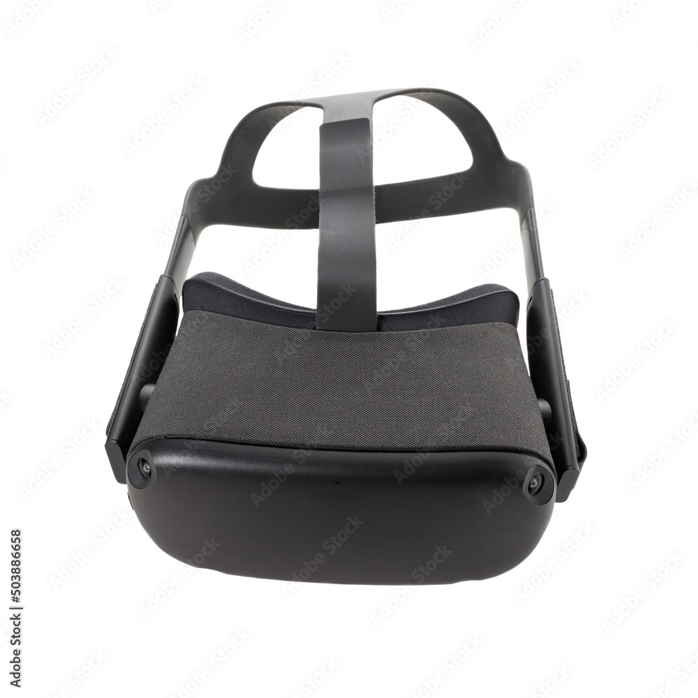 Fototapeta premium Modern VR helmet with cameras on the edges isolated on a white background. Top view from the front. Virtual reality glasses for gaming, entertainment and learning.