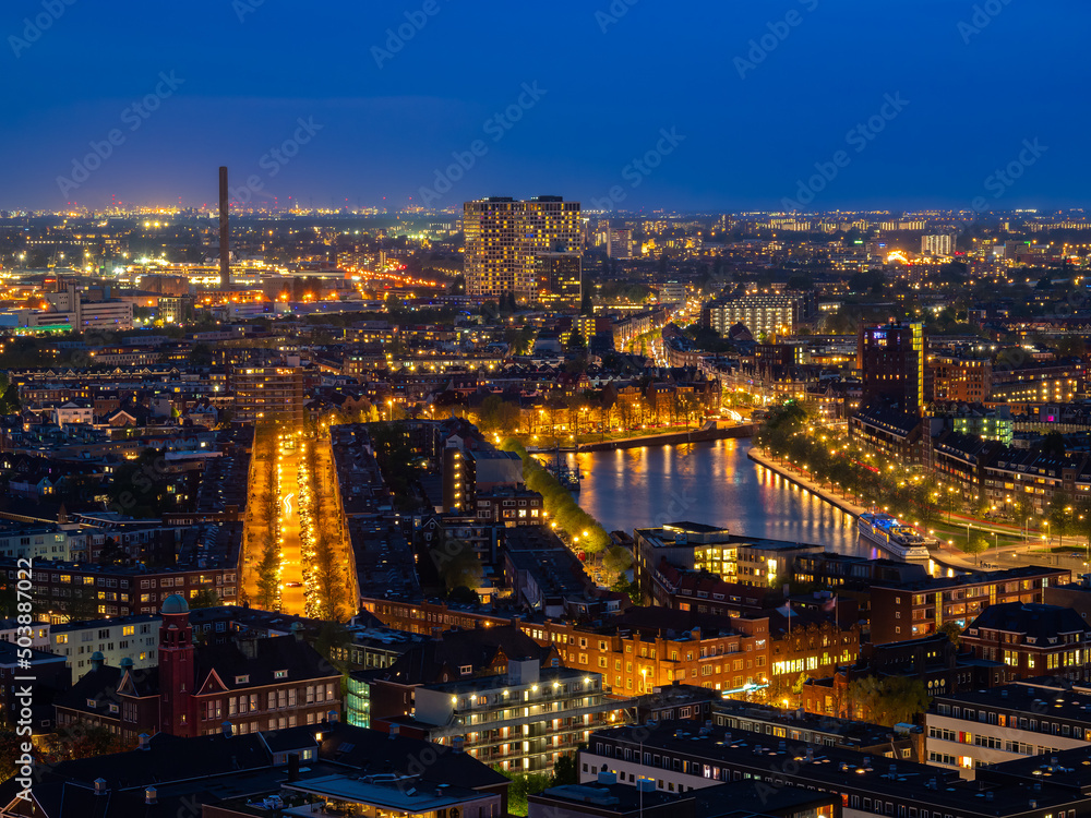 Beautiful blue hour cityscape of Rotterdam, Holland-Netherlands, from above