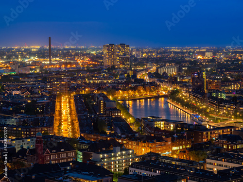 Beautiful blue hour cityscape of Rotterdam, Holland-Netherlands, from above