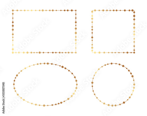 Set of different golden frames with beads or dots isolated on white. Borders for wedding invitations or greeting cards.