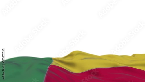 Benin fabric flag waving on the wind loop. Benin embroidery stiched cloth banner swaying on the breeze. Half-filled white background. Place for text. 20 seconds loop. 4k photo