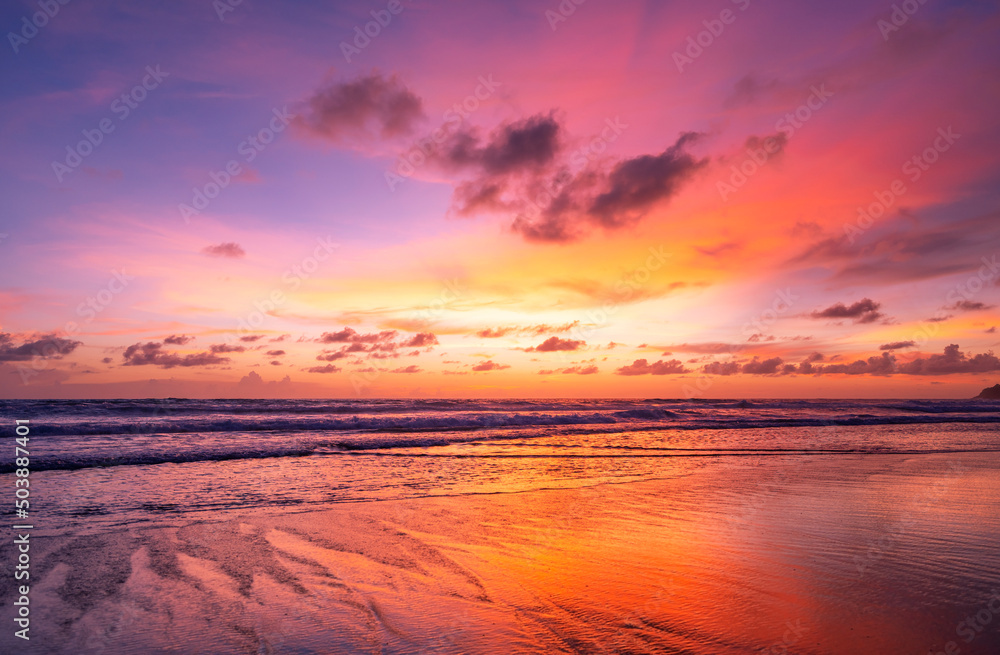 Sunset or sunrise sky clouds over sea sunlight in Phuket Thailand Amazing nature landscape seascape Colorful sky