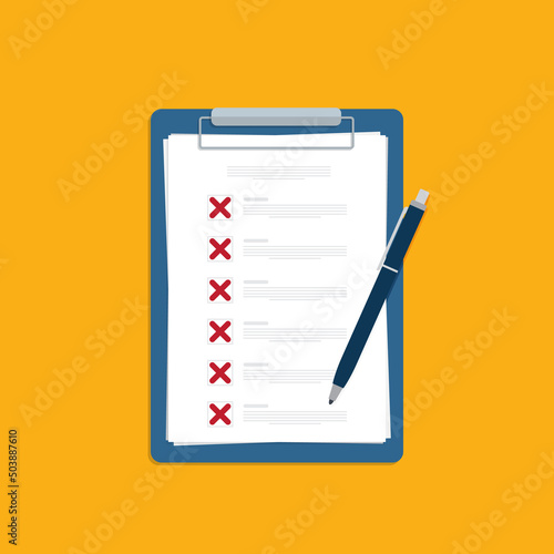 Clipboard with X marks. Failed checklist. Checklist, unfinished tasks, to-do list, survey concept. Flat style vector illustration.