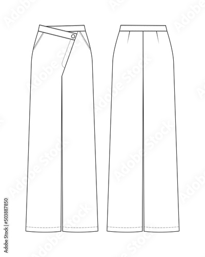 Fashion technical drawing of asymmetric wide leg wrap trousers