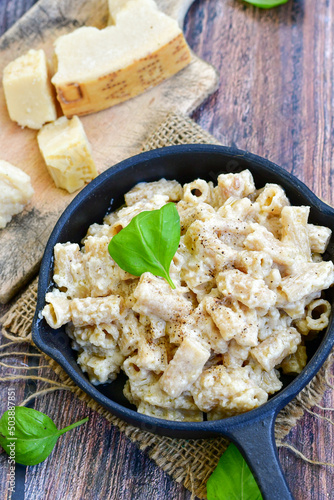   Gluten free Chickpea pasta.Fresh  low carb  high protein pasta rigatoni alla carbonara with  cream sauce  , becon  egg, parmesan cheese ,olive oil and black pepper) 