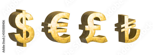 3D gold money symbols (dollar, euro, pound, turkish lira)