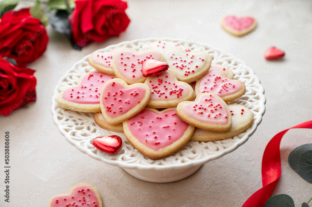 Heart cookies. Homemade butter cookies with pink glaze and sprinkles. Heart cookies. Homemade butter cookies with pink glaze and sprinkles.