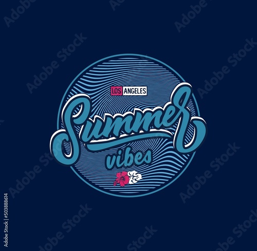 Summer vibes - slogan for t-shirt. Hawaii typography graphics for tee shirt. Apparel print design for girls with hibiscus flowers and grunge. Vector illustration.