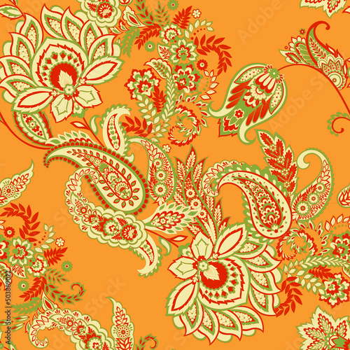 Floral fabric background with paisley ornament. Seamless vector pattern