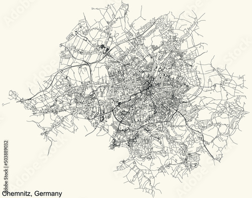 Detailed navigation black lines urban street roads map of the German regional capital city of CHEMNITZ, GERMANY on vintage beige background