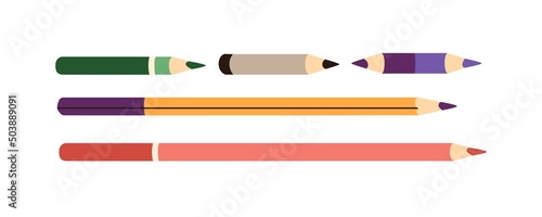 Coloured pencils with sharp tips. Colored colouring leads, used and new, long and short. Sharpened sticks for drawing, painting. Flat vector illustrations isolated on white background
