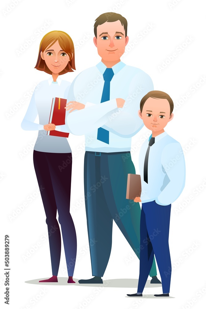 Family of Successful businessman. Cheerful persons in standing pose. Man women and child son in business shirt tie. Cartoon comic style flat design. Separate character. Illustration isolated. Vector