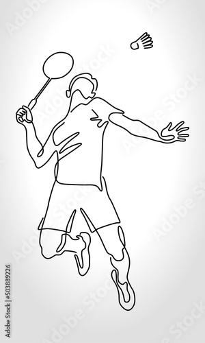 Single continuous one line drawing of badminton player jump and smash the shuttlecock. Trendy monoline draw design vector illustration for badminton tournament publication