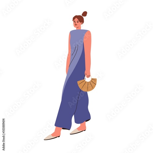 Woman wearing modern casual summer apparel. Girl going in loose sleeveless ju...