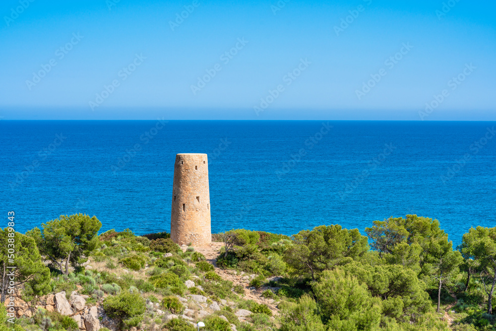 Idyllic Mediterranean seascape. Torre del la Corda in Oropesa del Mar, Spain