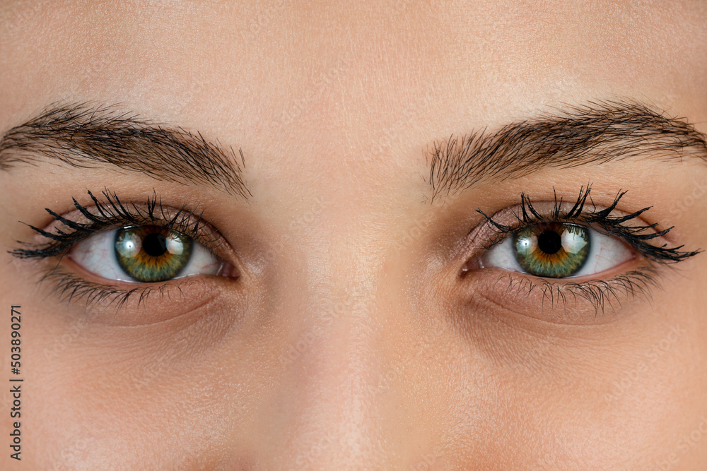Obraz premium Close up, macro photo of o female color eye, iris, pupil, eye lashes, eye lids.
