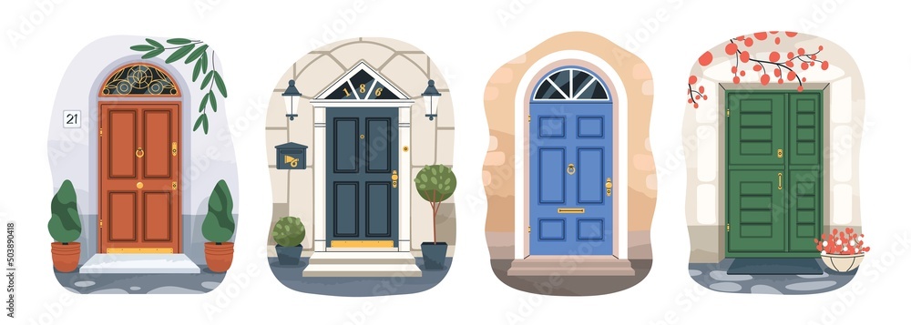 Front doors of residential houses. Home entrances exteriors. Outside of doorways with plants, decoration, mailbox. Different entries from street. Flat vector illustrations isolated on white background - obrazy, fototapety, plakaty 