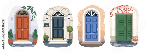Front doors of residential houses. Home entrances exteriors. Outside of doorways with plants, decoration, mailbox. Different entries from street. Flat vector illustrations isolated on white background