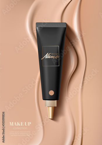 Advertising poster of cosmetic product for catalog, magazine. Design of cosmetic package. Advertising of foundation cream, concealer, base, BB cream. Realistic creamy texture