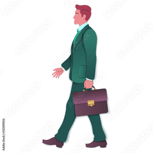 Paper cut style.A businessman in a suit walks with a briefcase in his hand. Business man hurries to work. Origami silhouette.Craft paper cut art illustration.