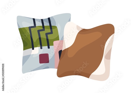 Soft decorative pillows design. Square-shaped cushions for sofa, bed. Modern comfy home interior decoration with geometric pattern pillowcases. Flat vector illustration isolated on white background