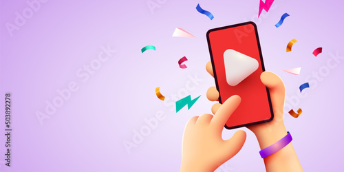 Hand holding phone with video player. Video streaming and vlog concept.
