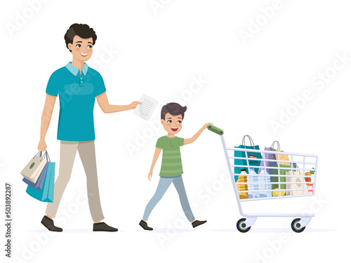 Father and son on shopping. Child drives a full grocery cart